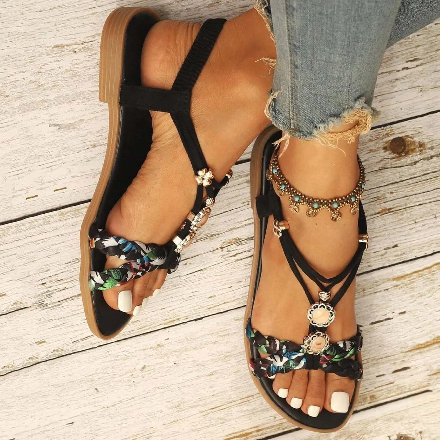 Sandals for Women Womens Comfort Elastic Strap Flat Sandals Arch Support Sandals Women's Cross Strappy Sandals