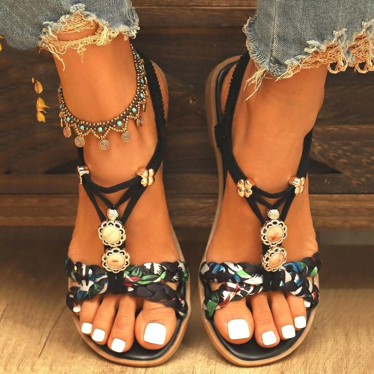 Sandals for Women Womens Comfort Elastic Strap Flat Sandals Arch Support Sandals Women's Cross Strappy Sandals