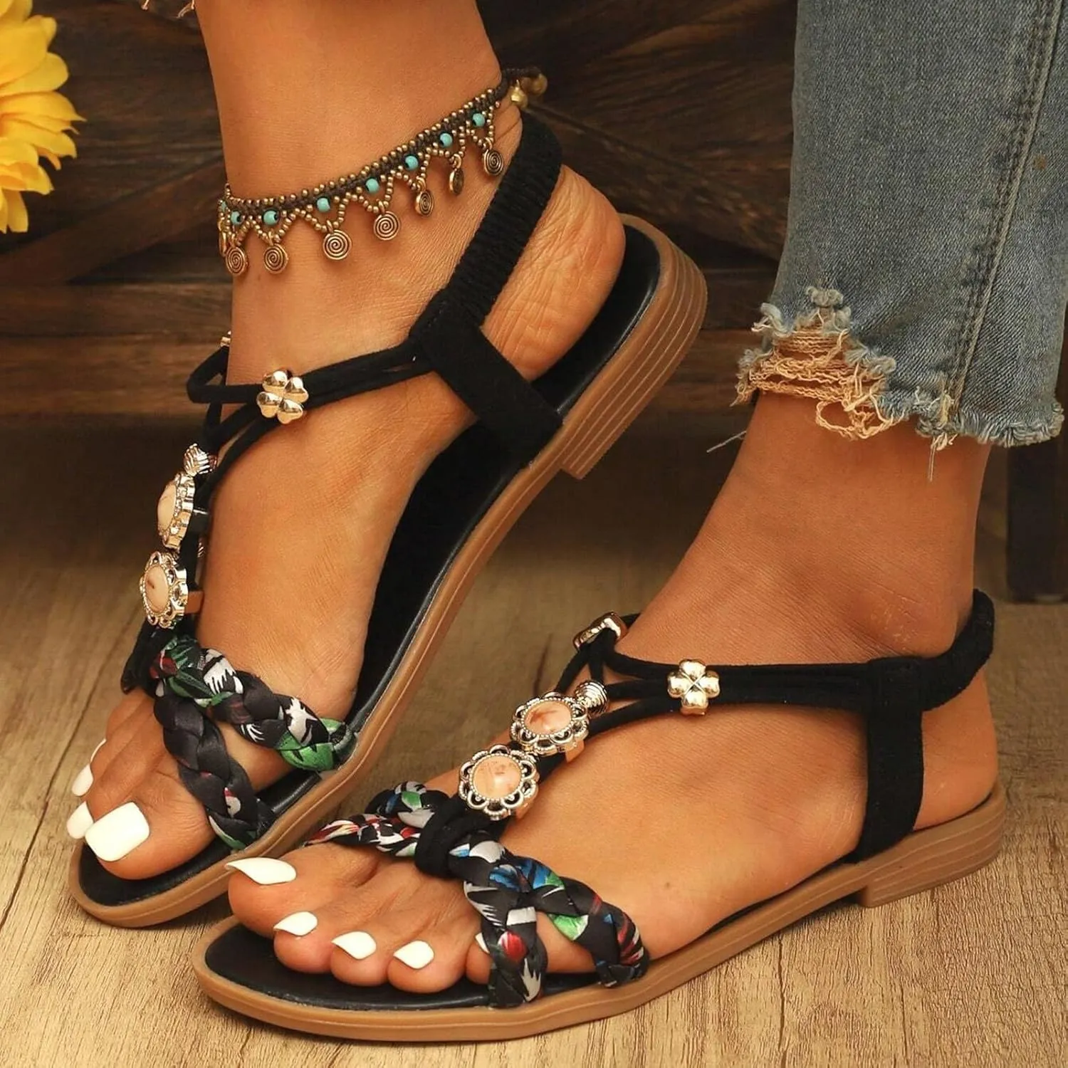 Sandals for Women Womens Comfort Elastic Strap Flat Sandals Arch Support Sandals Women's Cross Strappy Sandals