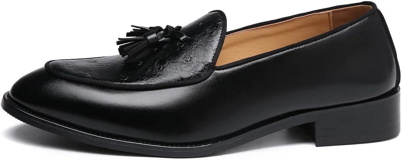 Santimon Mens Penny Loafers Casual Driving Prom Wedding Fringed Slip on Dress Shoes Moccasins Black Brown