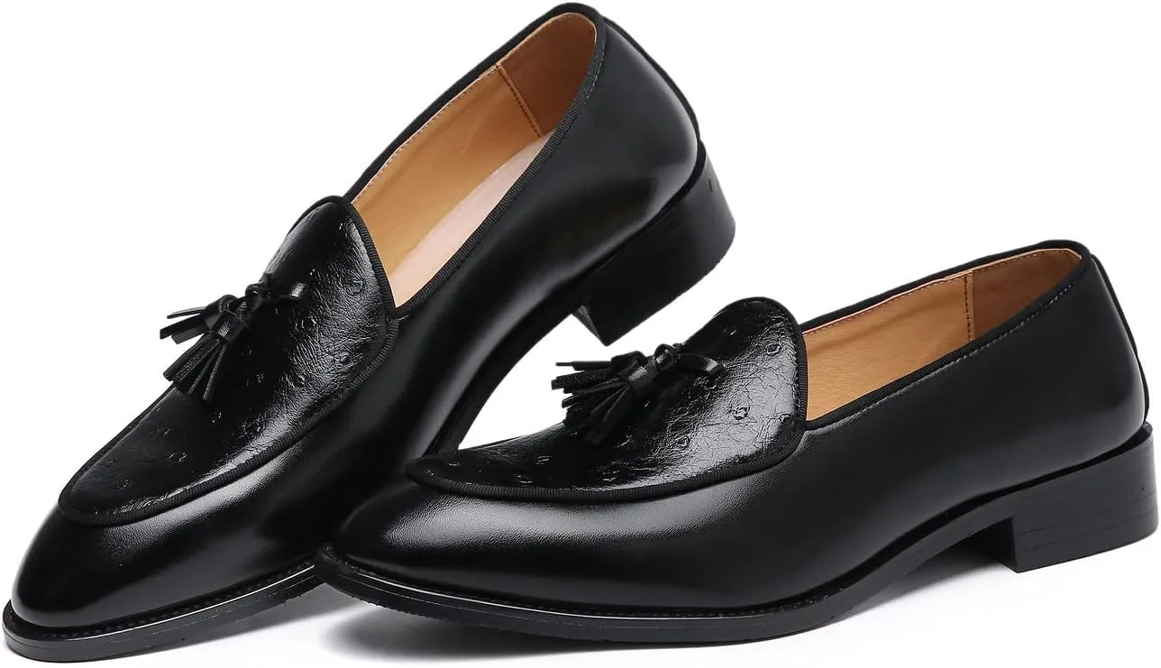 Santimon Mens Penny Loafers Casual Driving Prom Wedding Fringed Slip on Dress Shoes Moccasins Black Brown