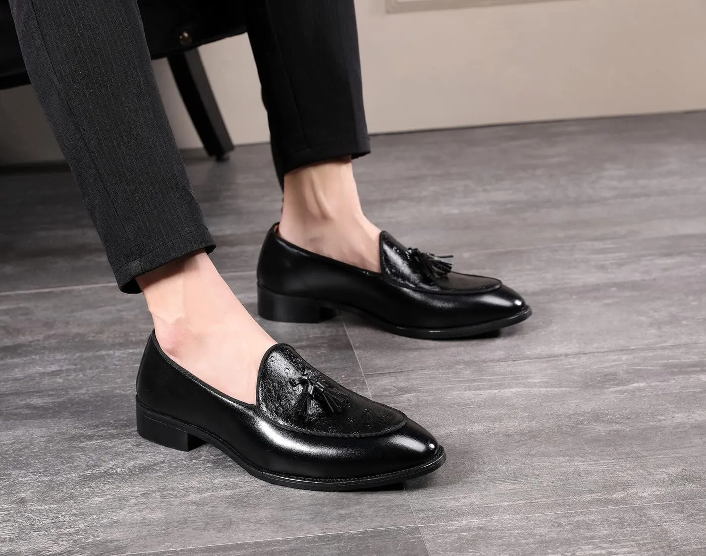 Santimon Mens Penny Loafers Casual Driving Prom Wedding Fringed Slip on Dress Shoes Moccasins Black Brown