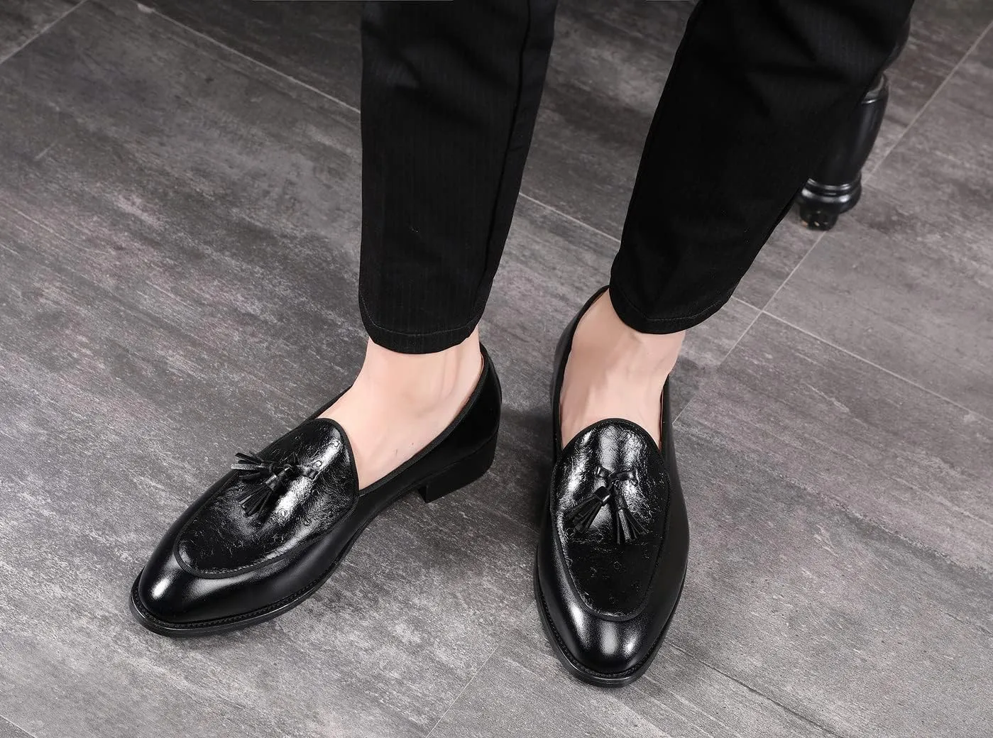 Santimon Mens Penny Loafers Casual Driving Prom Wedding Fringed Slip on Dress Shoes Moccasins Black Brown