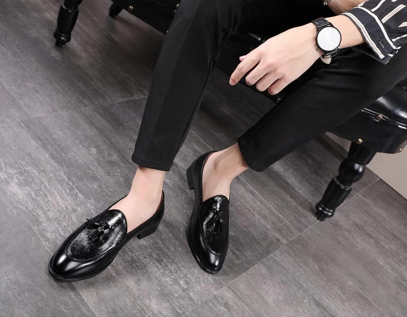 Santimon Mens Penny Loafers Casual Driving Prom Wedding Fringed Slip on Dress Shoes Moccasins Black Brown