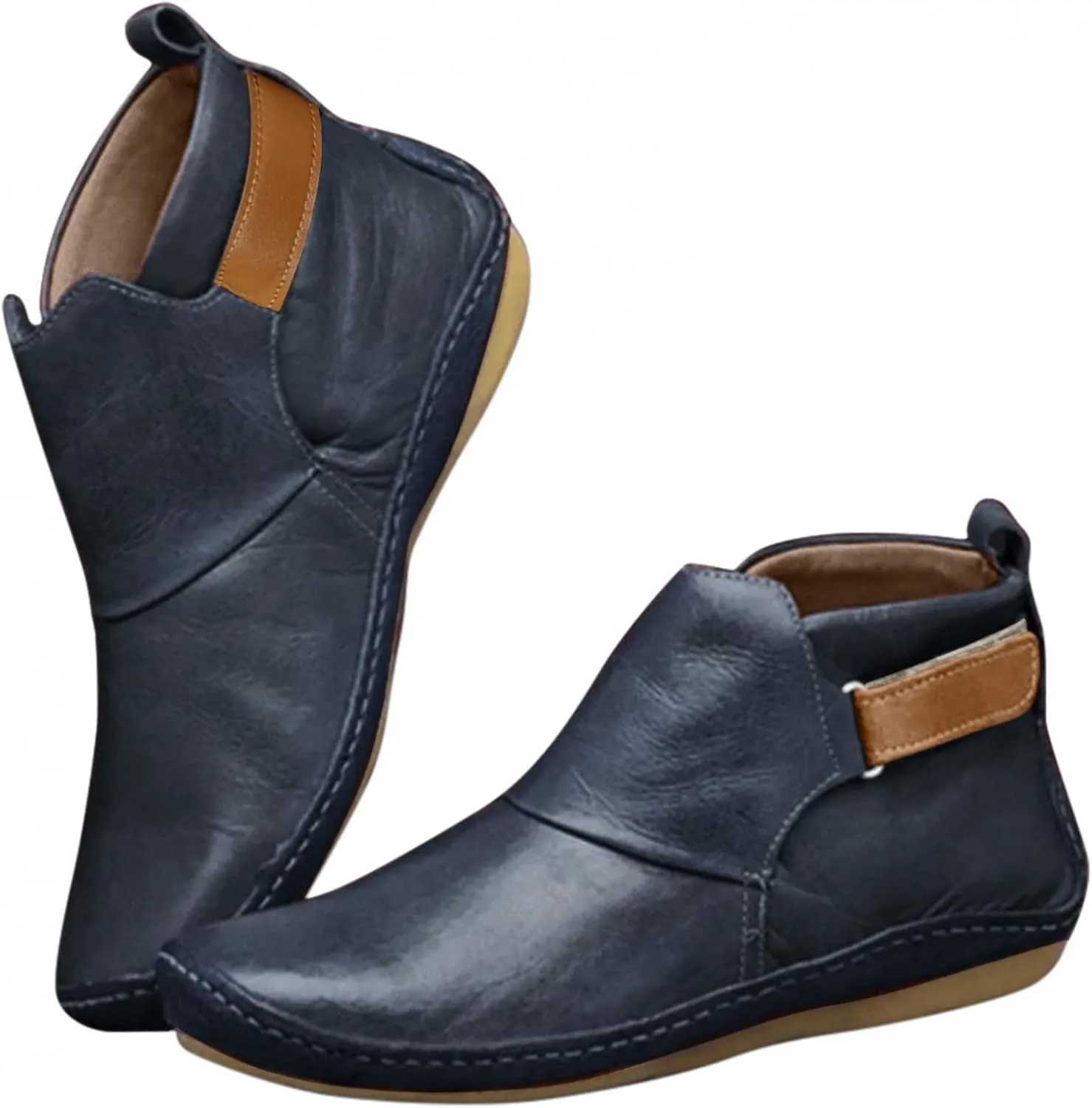 Snow Boots for Women No Heel,2022 New Arch Support Boots Side Zipper Vintage Leather Damping Shoes Flat Heel Booties