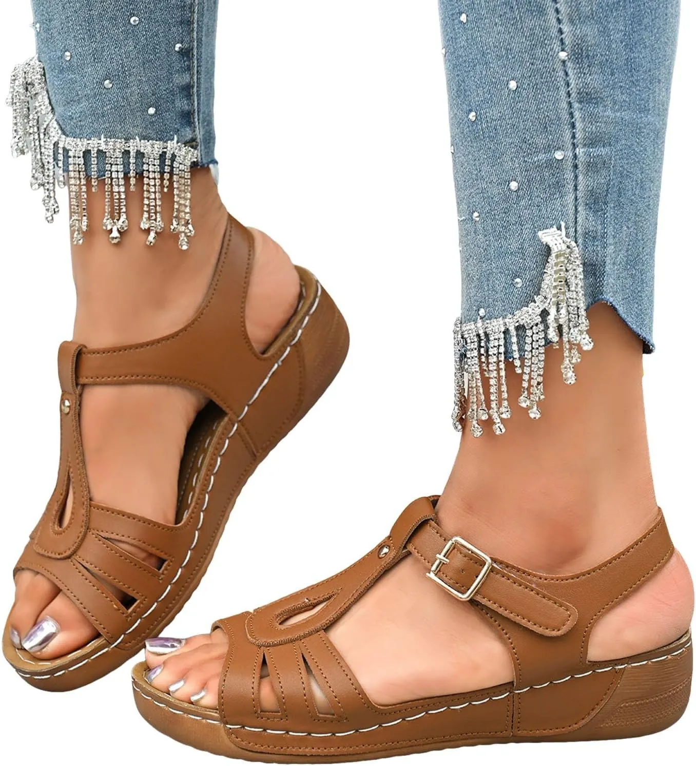 Summer Sandals For Women 2025,Womens Wedge Ankle Strap Open Toe Dressy Comfortable Walking Low Sandal Hollow Out Retro Soft Soled Casual Adjustable Slip On Wedges Arch Support Slippers For Daily Wear