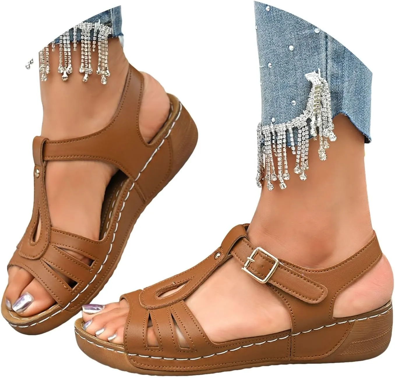 Summer Sandals For Women 2025,Womens Wedge Ankle Strap Open Toe Dressy Comfortable Walking Low Sandal Hollow Out Retro Soft Soled Casual Adjustable Slip On Wedges Arch Support Slippers For Daily Wear