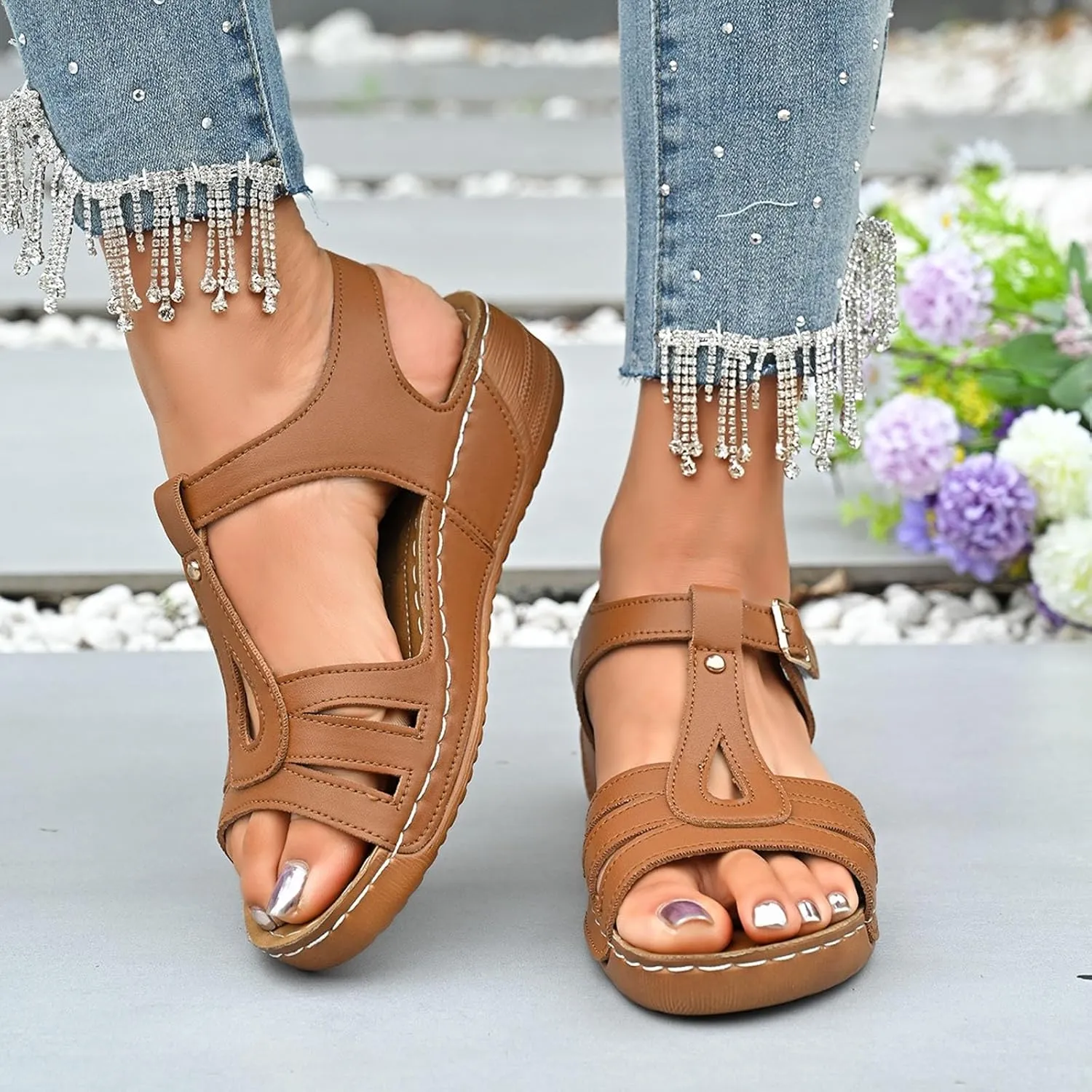 Summer Sandals For Women 2025,Womens Wedge Ankle Strap Open Toe Dressy Comfortable Walking Low Sandal Hollow Out Retro Soft Soled Casual Adjustable Slip On Wedges Arch Support Slippers For Daily Wear