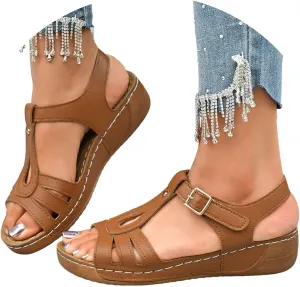 Summer Sandals For Women 2025,Womens Wedge Ankle Strap Open Toe Dressy Comfortable Walking Low Sandal Hollow Out Retro Soft Soled Casual Adjustable Slip On Wedges Arch Support Slippers For Daily Wear