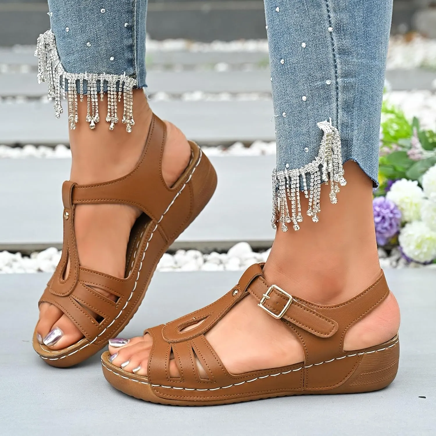Summer Sandals For Women 2025,Womens Wedge Ankle Strap Open Toe Dressy Comfortable Walking Low Sandal Hollow Out Retro Soft Soled Casual Adjustable Slip On Wedges Arch Support Slippers For Daily Wear
