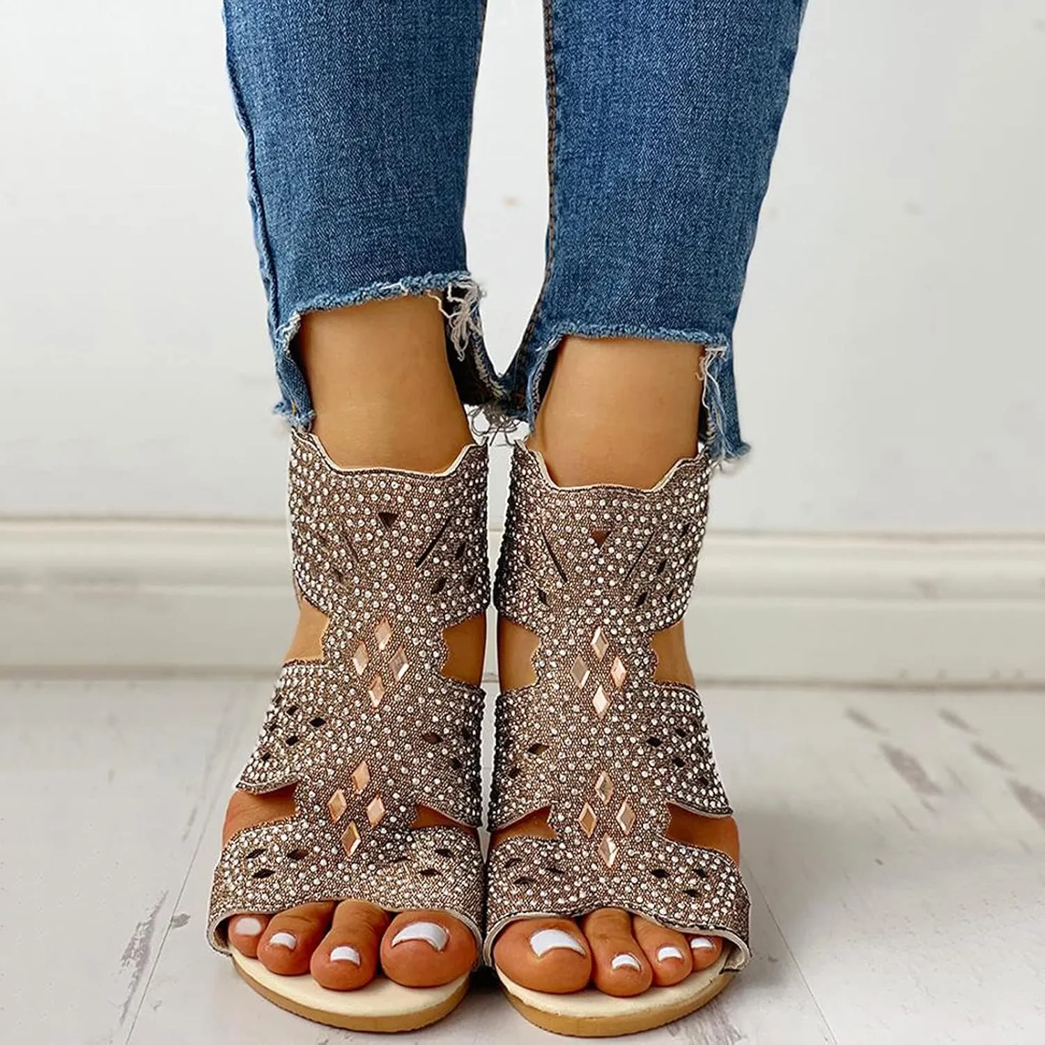 Summer Sandals for Women, Sandals for Women Dressy Boho Sandals Casual Sandals Low Wedges Peep Toe Wrapp Sandals