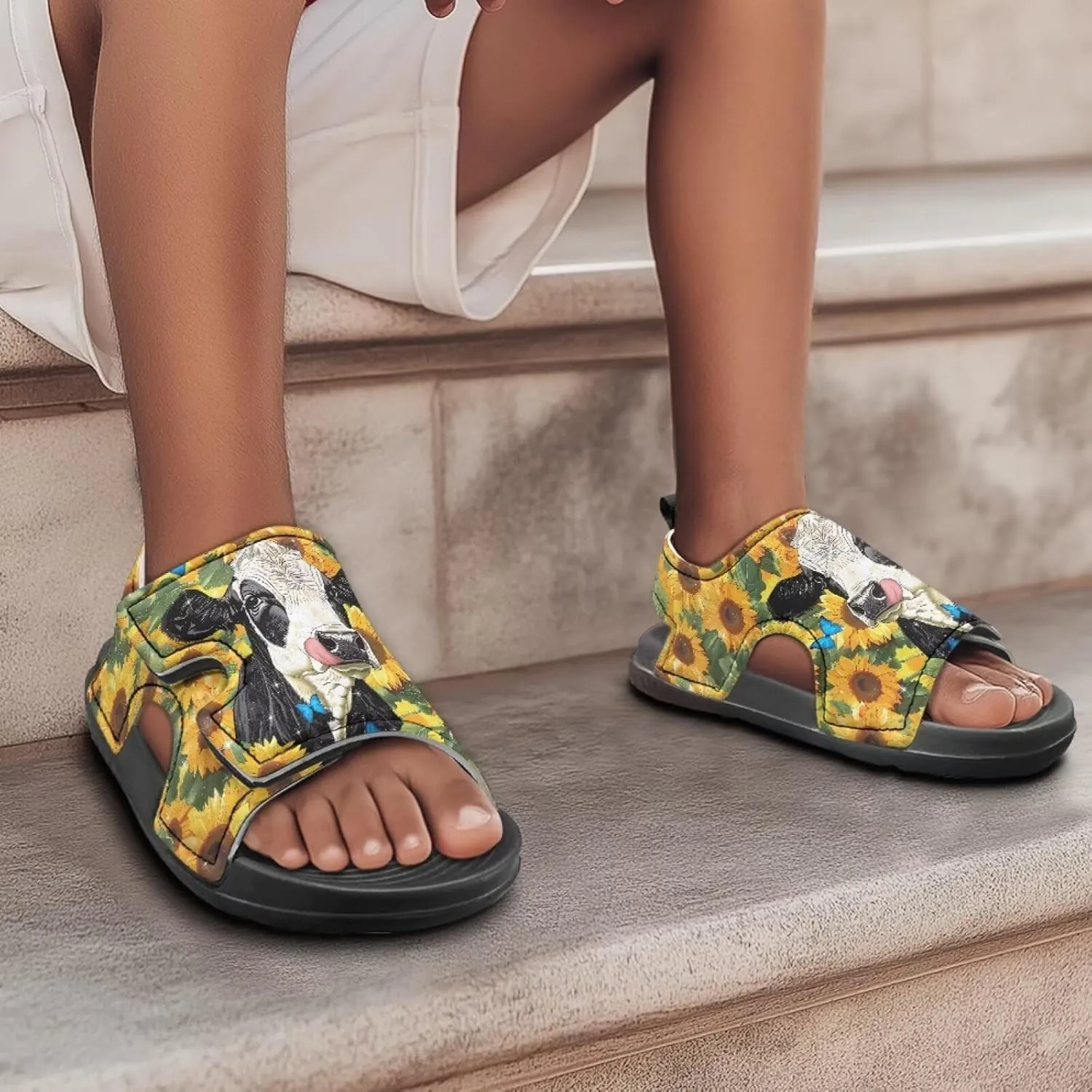 Sunflower Cow Sandals Boys Sport Athletic Hiking Sandals Lightweight Open Toe Summer Beach Water Shoes for Toddler Kids
