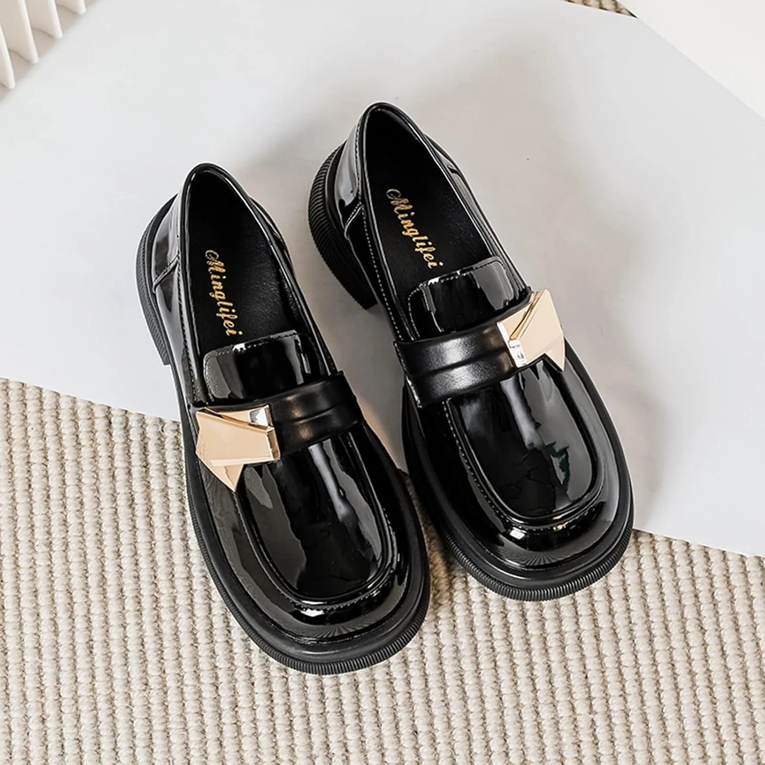 TNXZ Girl's Patent Leather Penny Loafers Fashion Platform Chunky Shoes Matched with Dresses, Shorts, Long Skirts and Pants