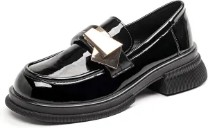 TNXZ Girl's Patent Leather Penny Loafers Fashion Platform Chunky Shoes Matched with Dresses, Shorts, Long Skirts and Pants