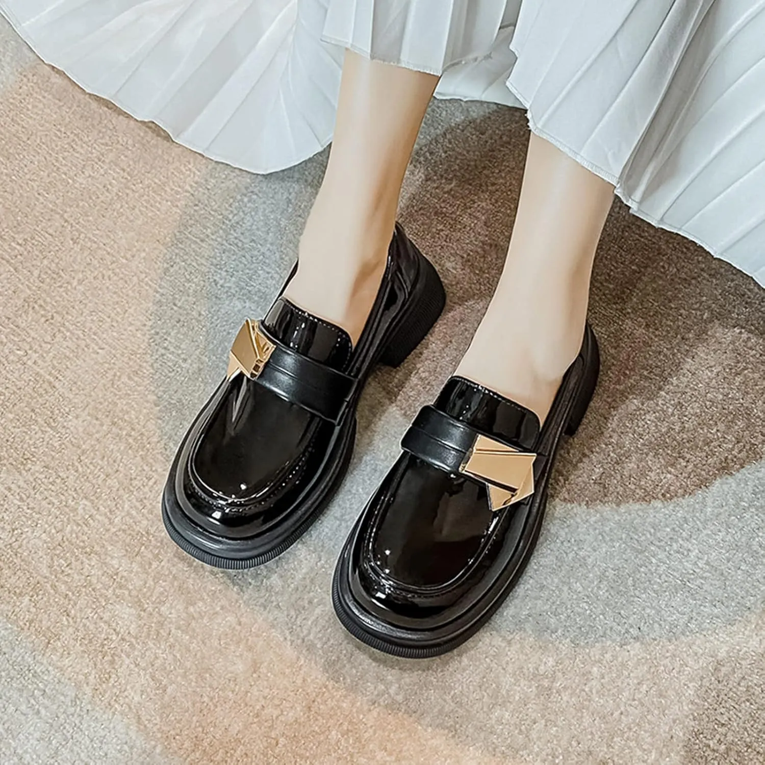 TNXZ Girl's Patent Leather Penny Loafers Fashion Platform Chunky Shoes Matched with Dresses, Shorts, Long Skirts and Pants
