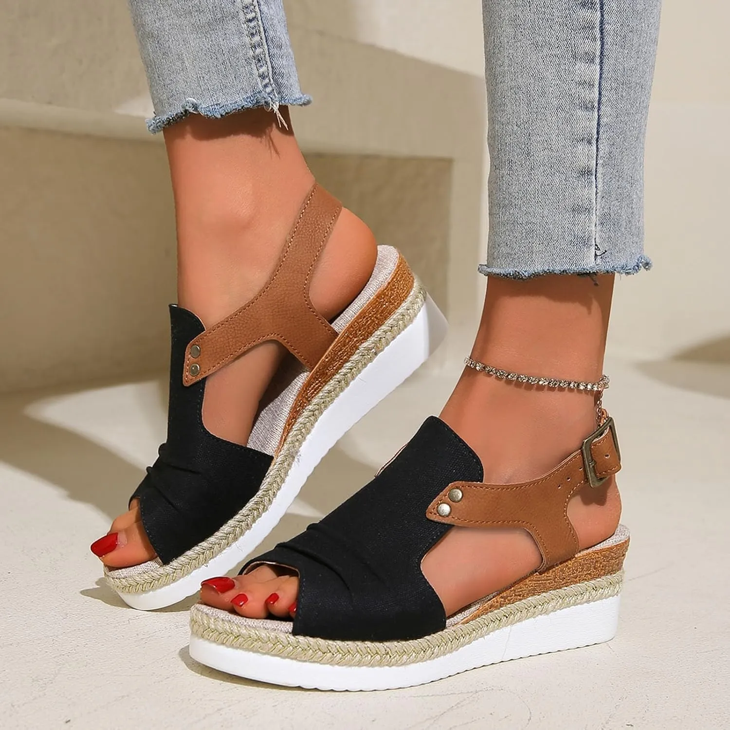 UOQAPRE Sandals for Women Platform Wedge Open Toe Low Heel Beach Womens Sandals Flats Heel Ankle Chelsea Dress Shoes