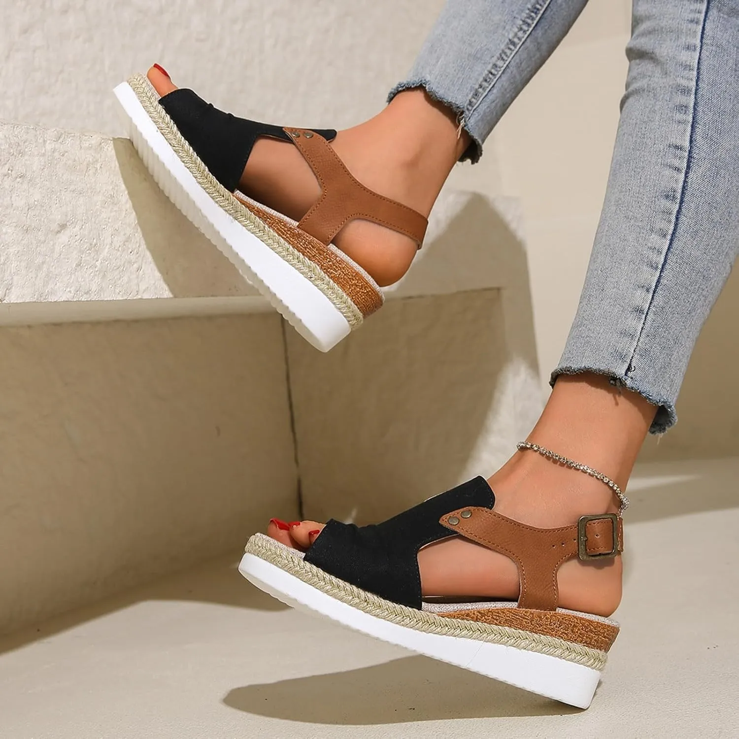 UOQAPRE Sandals for Women Platform Wedge Open Toe Low Heel Beach Womens Sandals Flats Heel Ankle Chelsea Dress Shoes