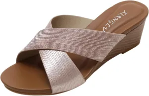 Wedge Sandals for Women 2025 Comfortable Slip On Summer Sandals Wide Width Open Toe Wedges Mid Heels Walking Slippers Bohemian Beach Sandal Breathable Comfy Casual ShoesSlide Slippers