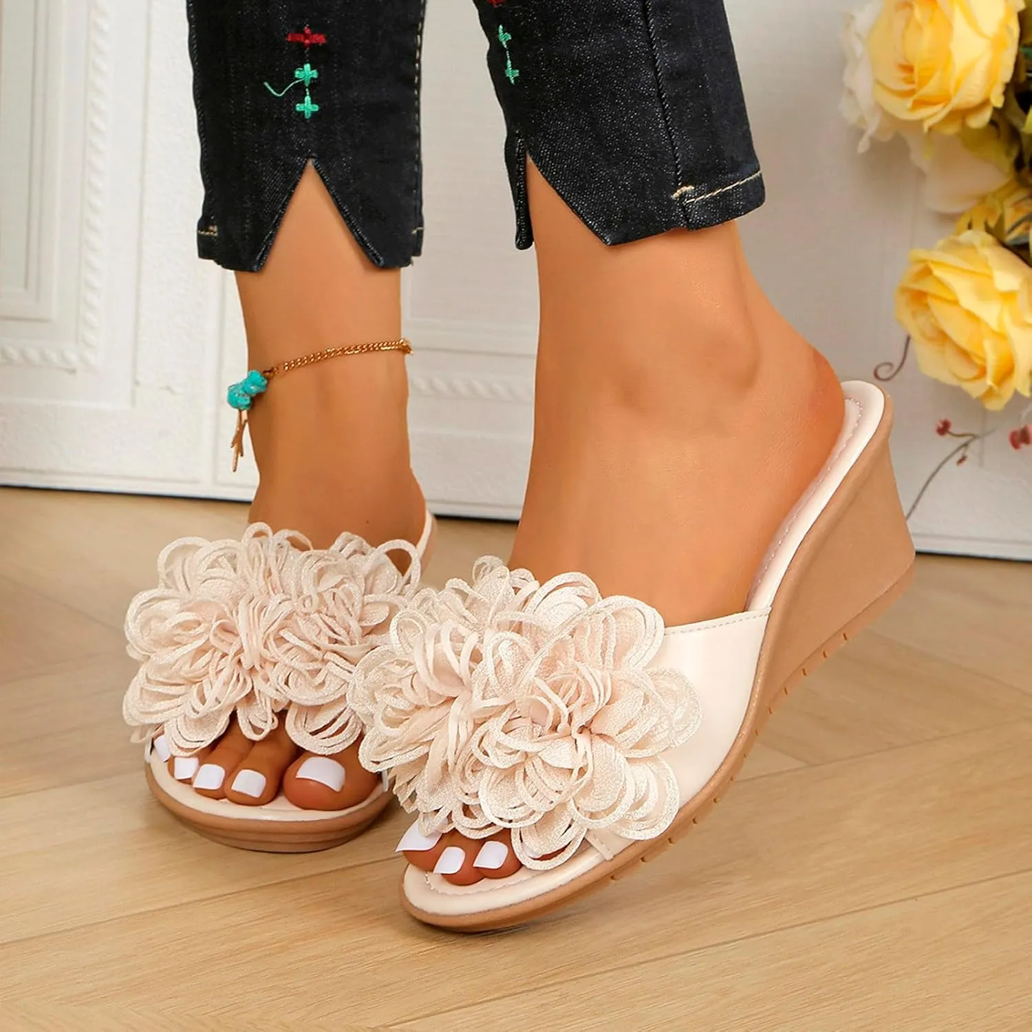 Wedge Sandals for Women Comfortable 2025 Cute Bow Platform Heeled Sandals Summer Peep Toe Slides Slippers Shoes
