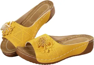 Wedge Sandals for Women Summer Beach Floral Embellished Comfort Sandals Mesh Breathable Open Toe Slip On Shoes