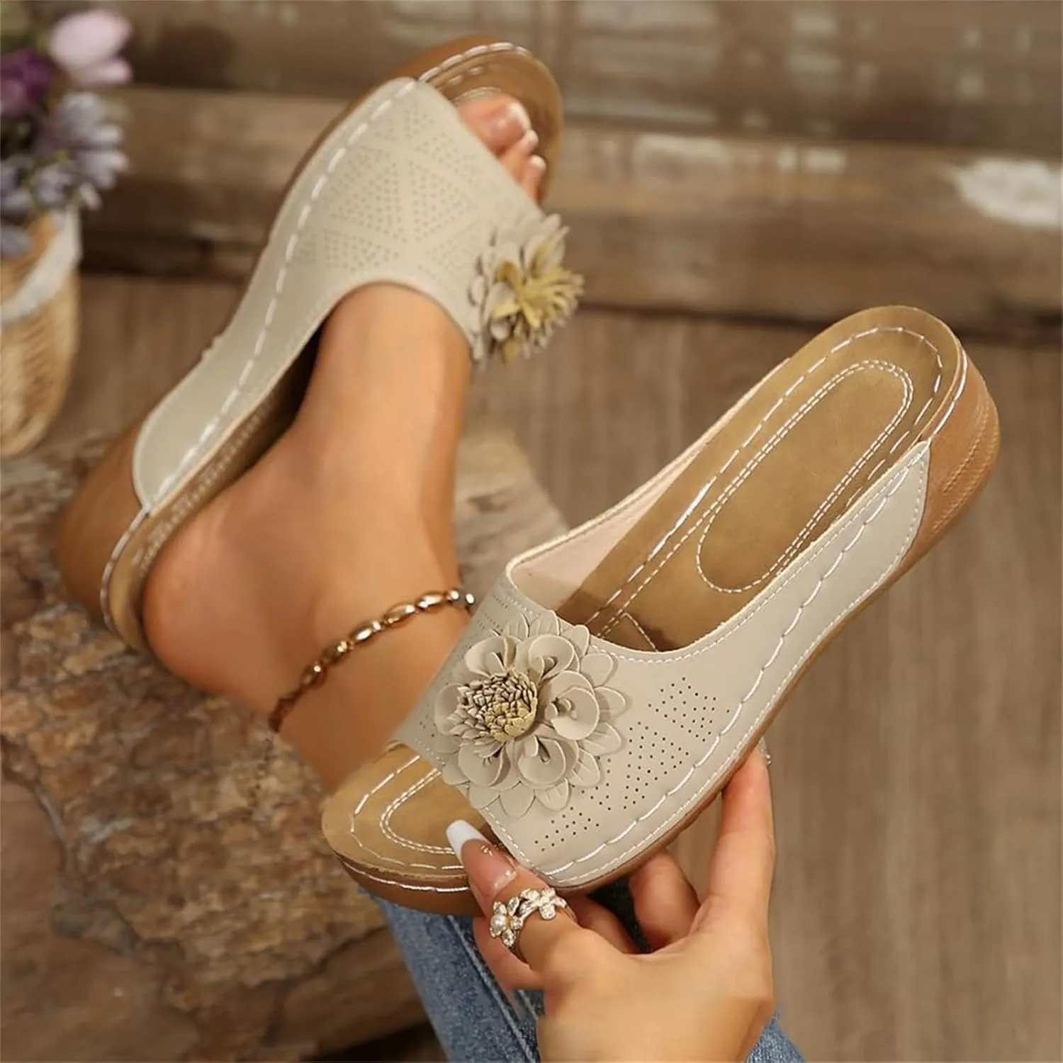 Wedge Sandals for Women Summer Beach Floral Embellished Comfort Sandals Mesh Breathable Open Toe Slip On Shoes
