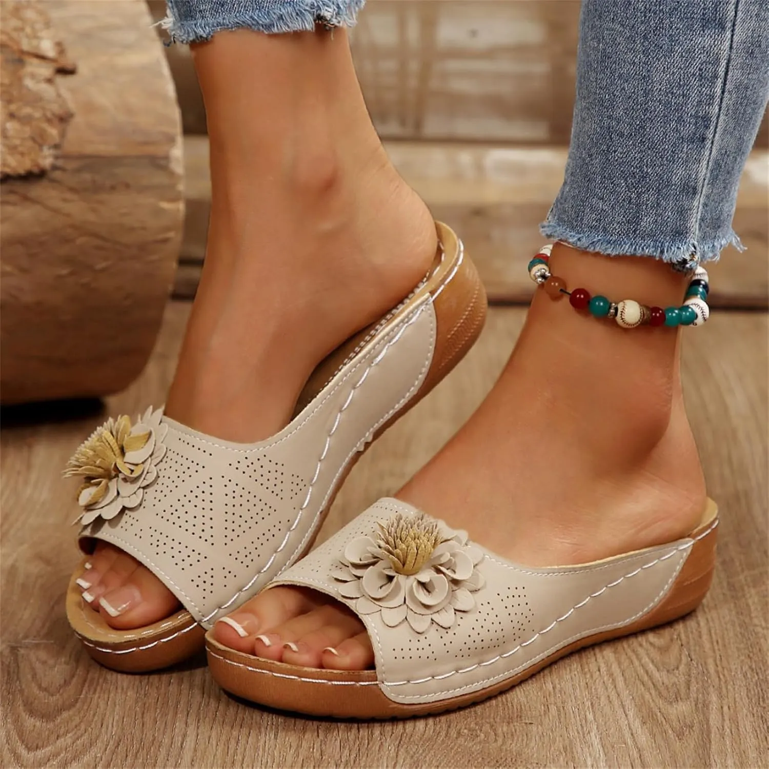 Wedge Sandals for Women Summer Beach Floral Embellished Comfort Sandals Mesh Breathable Open Toe Slip On Shoes