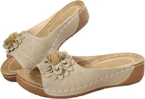Wedge Sandals for Women Summer Beach Floral Embellished Comfort Sandals Mesh Breathable Open Toe Slip On Shoes