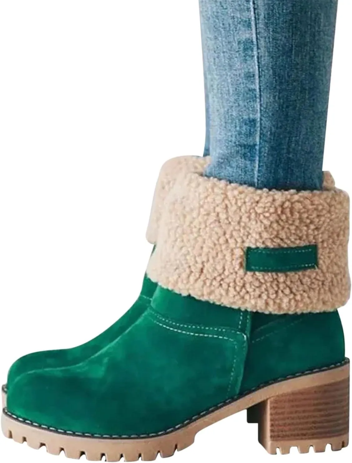 Winter Boots For Women Comfortable Slip On Mid Chunky Heel Suede Warm Snow Ankle Boots Outdoor Shoes Horseback Riding Boots for Women Calf High Size7, Green