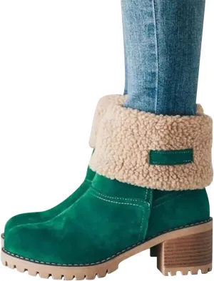 Winter Boots For Women Comfortable Slip On Mid Chunky Heel Suede Warm Snow Ankle Boots Outdoor Shoes Horseback Riding Boots for Women Calf High Size7, Green