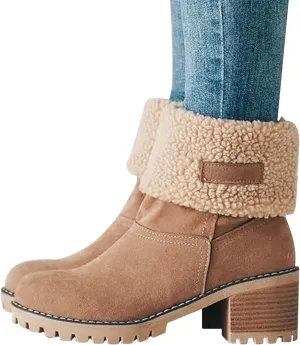 Winter Boots For Women Comfortable Slip On Mid Chunky Heel Suede Warm Snow Ankle Boots Outdoor Shoes Horseback Riding Boots for Women Calf High Size8.5