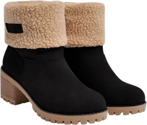 Winter Boots For Women Comfortable Slip On Mid Chunky Heel Suede Warm Snow Ankle Boots Outdoor Shoes Horseback Riding Boots for Women Calf High Size9.5
