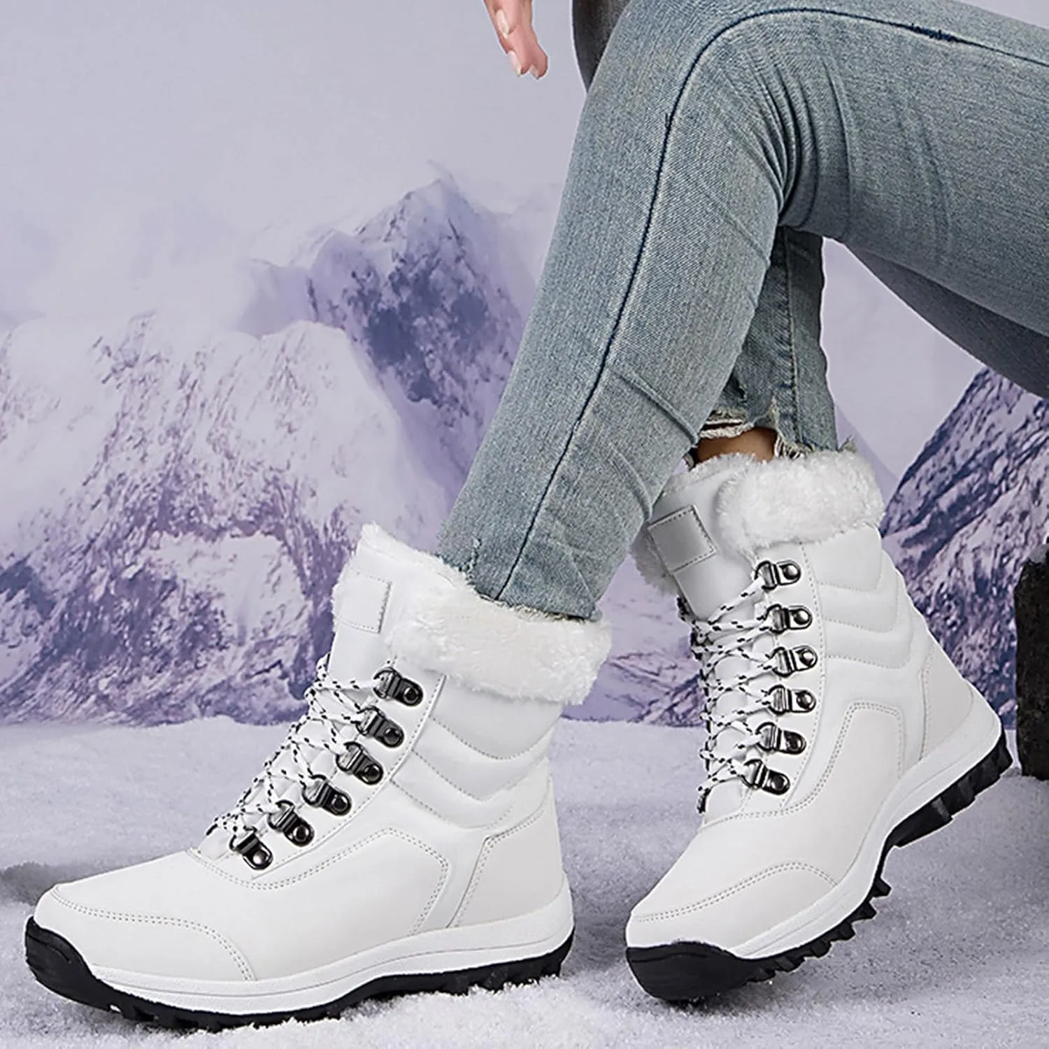 Winter Boots for Women Waterproof,Fashion High Top Keep Warm Winter Hiking Boots,Outdoor Comfortable Fur Lined Snow Boots for Women,Rubber Sole