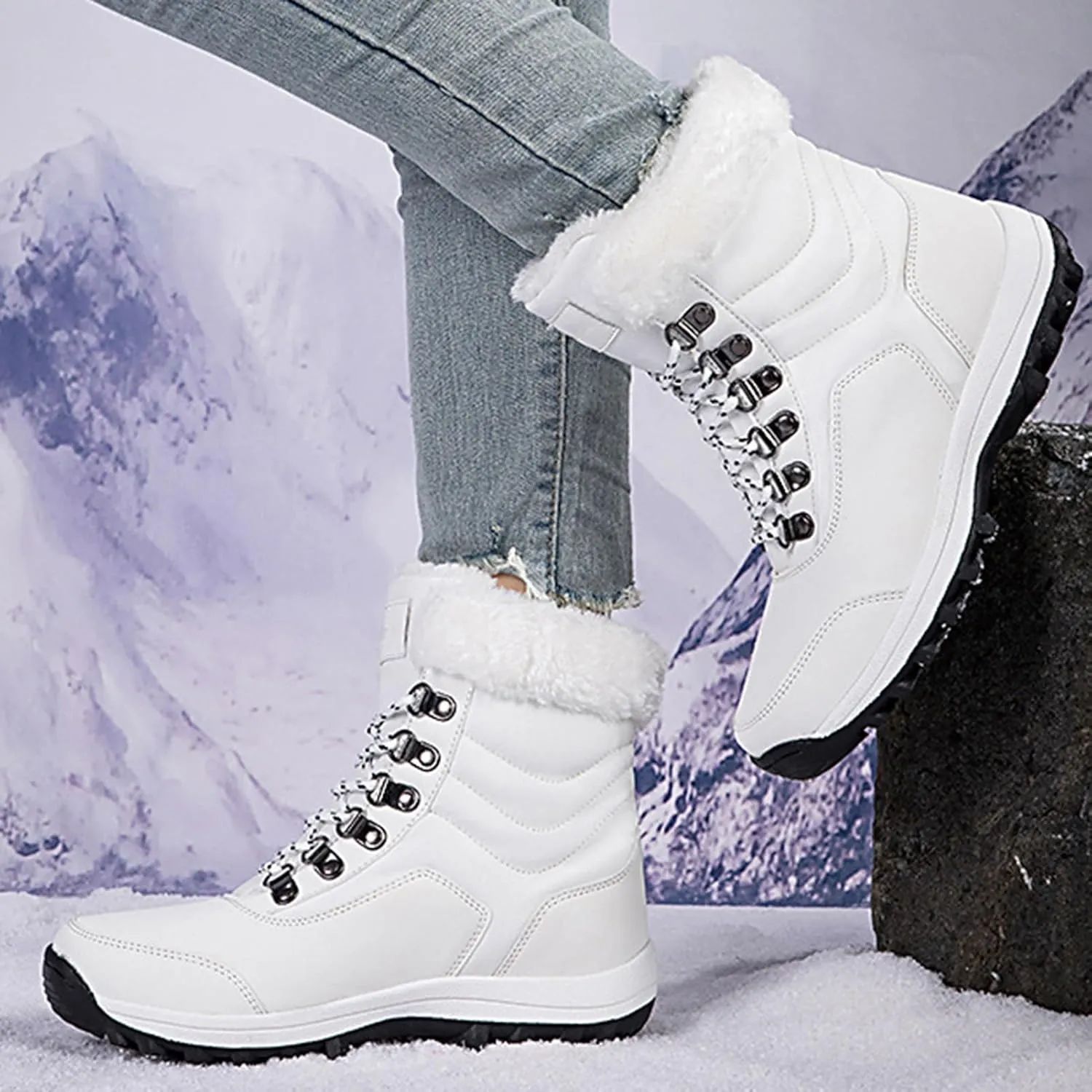 Winter Boots for Women Waterproof,Fashion High Top Keep Warm Winter Hiking Boots,Outdoor Comfortable Fur Lined Snow Boots for Women,Rubber Sole