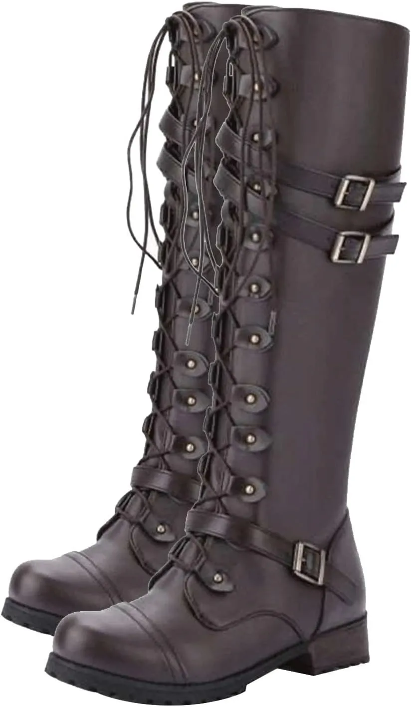 wodceeke Women's Knee High Riding Boots Lace Up Wide Calf Combat Boots Chunky Heel Side Zippr Buckle Boots