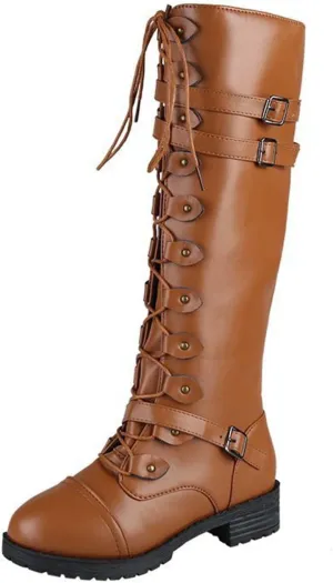 wodceeke Women's Knee High Riding Boots Lace Up Wide Calf Combat Boots Chunky Heel Side Zippr Buckle Boots