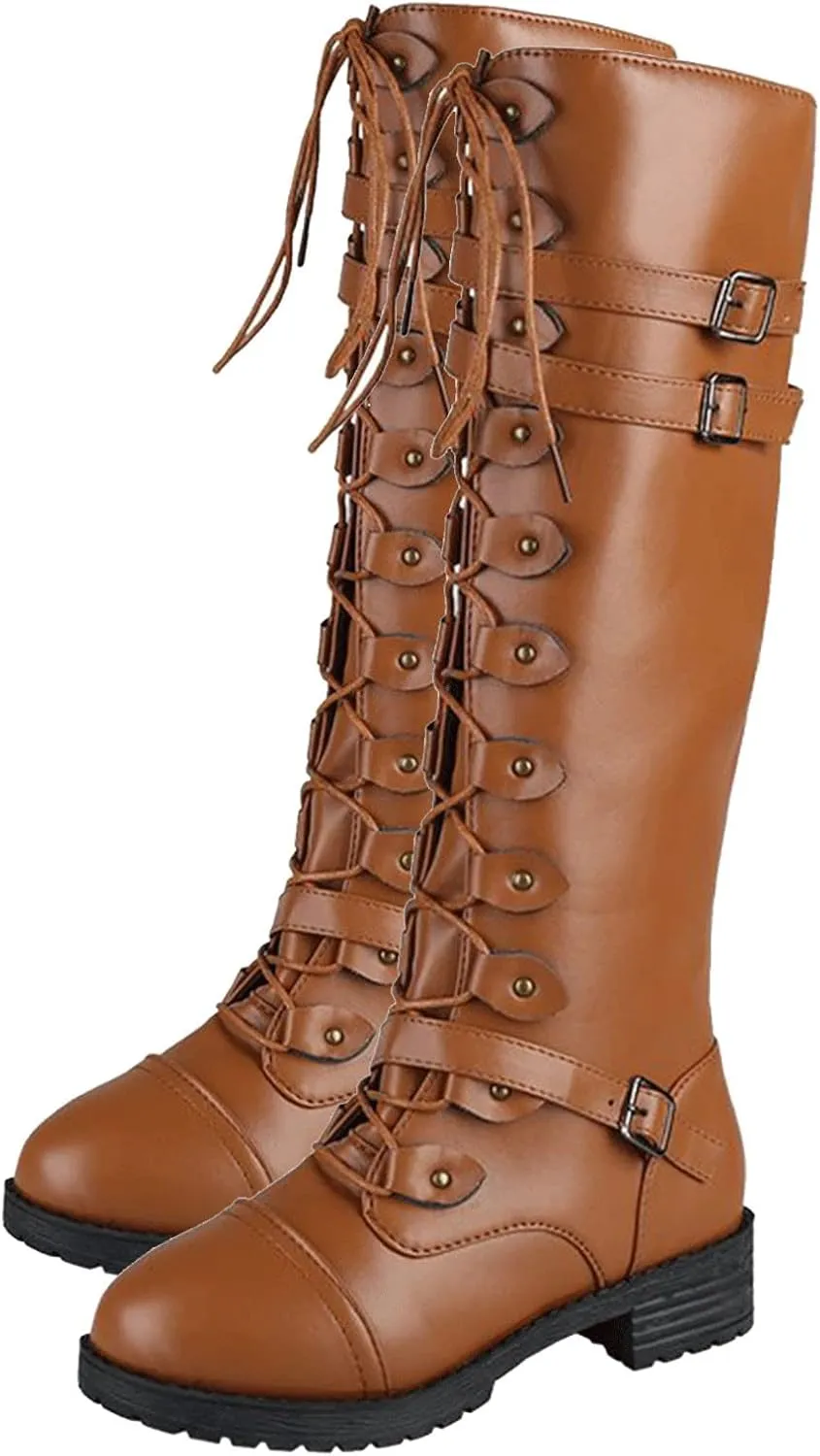 wodceeke Women's Knee High Riding Boots Lace Up Wide Calf Combat Boots Chunky Heel Side Zippr Buckle Boots