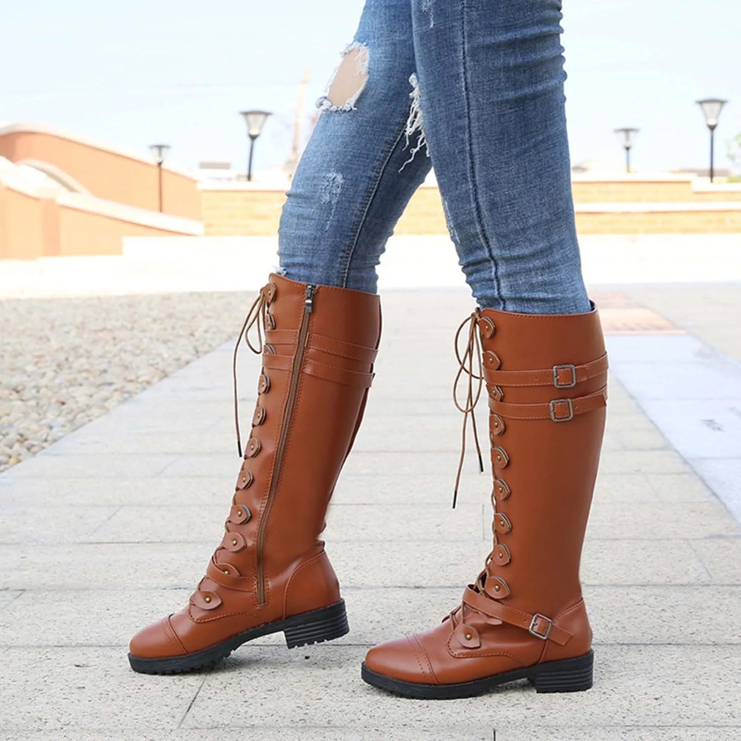 wodceeke Women's Knee High Riding Boots Lace Up Wide Calf Combat Boots Chunky Heel Side Zippr Buckle Boots