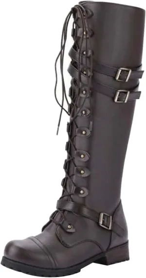 wodceeke Women's Knee High Riding Boots Lace Up Wide Calf Combat Boots Chunky Heel Side Zippr Buckle Boots