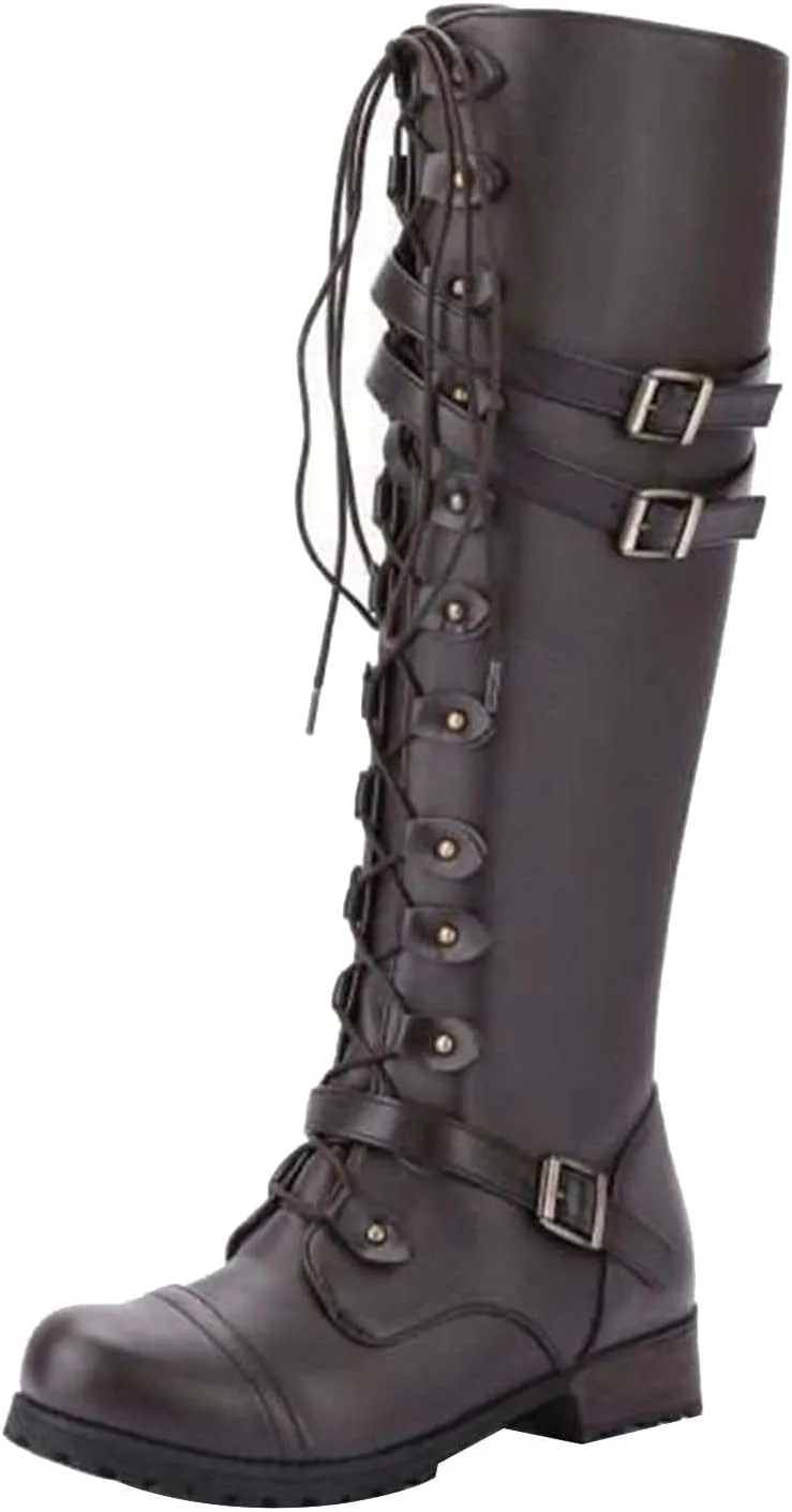 wodceeke Women's Knee High Riding Boots Lace Up Wide Calf Combat Boots Chunky Heel Side Zippr Buckle Boots