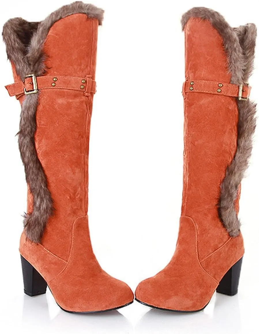 wodceeke Women's Winter Warm Knee High Boots Fur Lined Snow Boots Chunky High Heel Wide Width Buckle Suede Boots