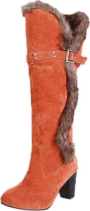 wodceeke Women's Winter Warm Knee High Boots Fur Lined Snow Boots Chunky High Heel Wide Width Buckle Suede Boots