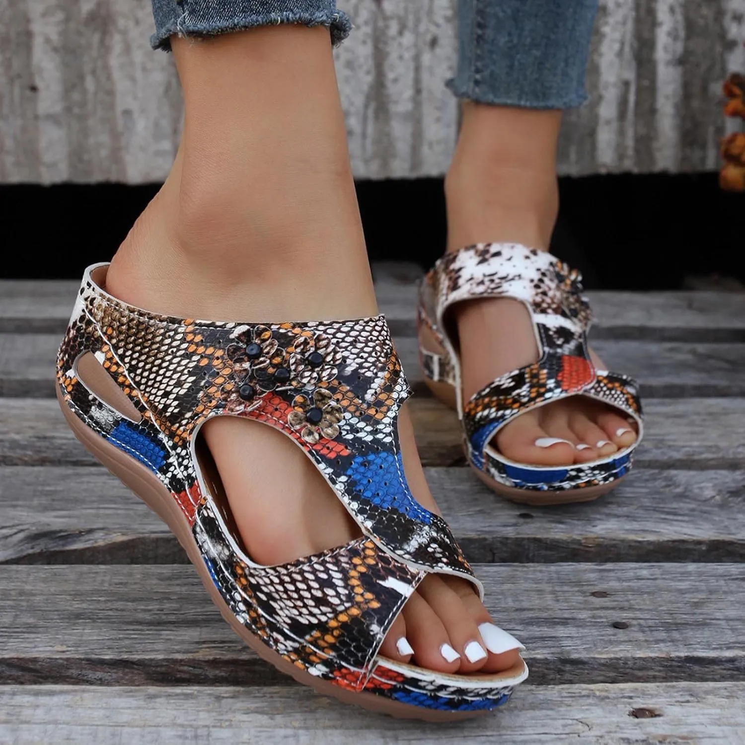 Women Arch Support Wedges Sandals Breathable Slippers Slip On Platform Beach Slides Flower Orthopedic Peep Toe Sandals