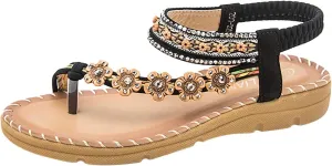 Women Flat Sandals Peep toe Boho toe Loop Woven One toe Sling Sandals Braided Beach Elastic Band toe Ring Falt