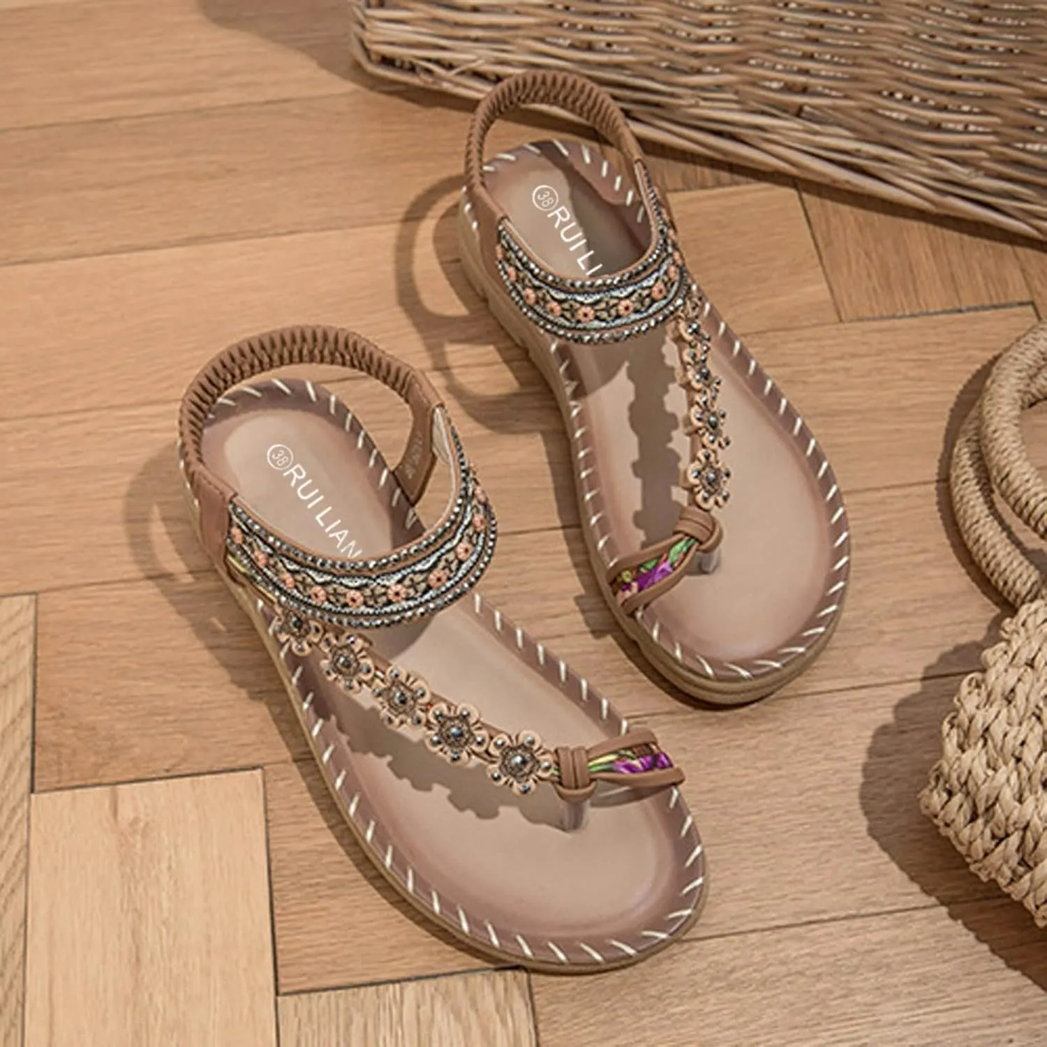 Women Flat Sandals Peep toe Boho toe Loop Woven One toe Sling Sandals Braided Beach Elastic Band toe Ring Falt
