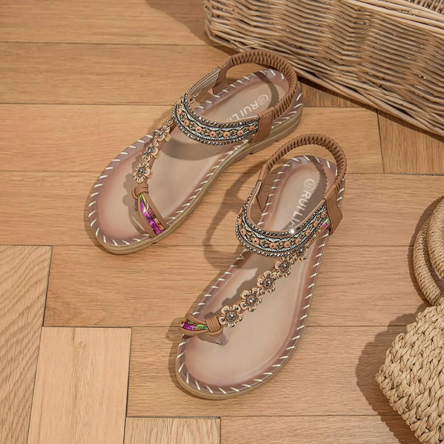 Women Flat Sandals Peep toe Boho toe Loop Woven One toe Sling Sandals Braided Beach Elastic Band toe Ring Falt