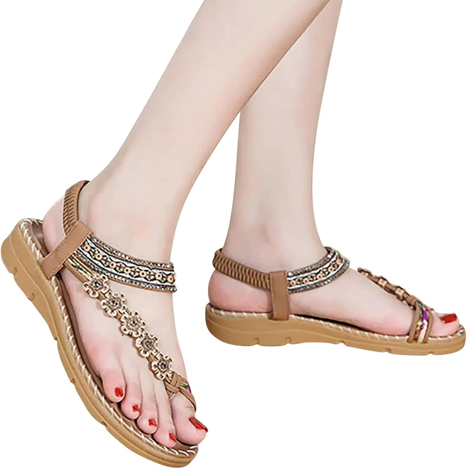 Women Flat Sandals Peep toe Boho toe Loop Woven One toe Sling Sandals Braided Beach Elastic Band toe Ring Falt