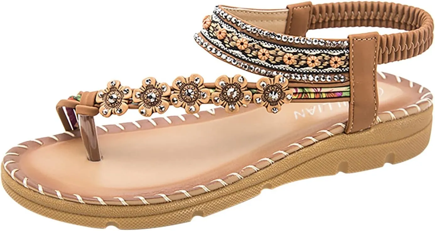 Women Flat Sandals Peep toe Boho toe Loop Woven One toe Sling Sandals Braided Beach Elastic Band toe Ring Falt