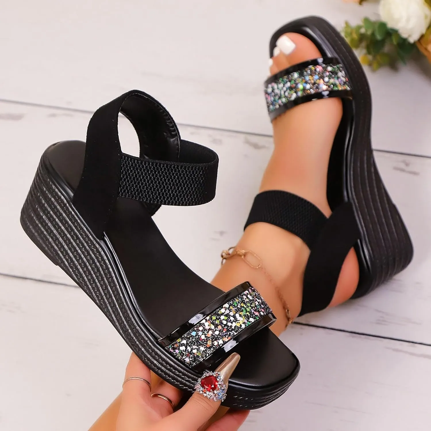 Women Sandals Comfortable Dressy Open Toe Comfort Platform Wedges Shoes with Rhinestone Strap Beach Boho Shoes