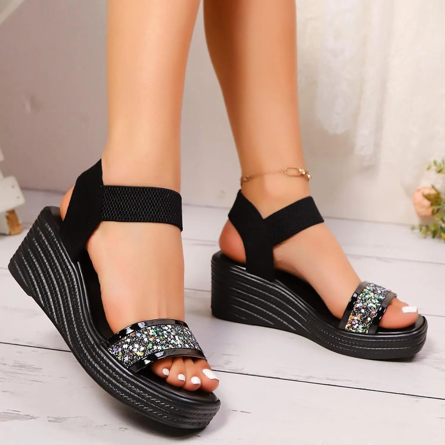 Women Sandals Comfortable Dressy Open Toe Comfort Platform Wedges Shoes with Rhinestone Strap Beach Boho Shoes