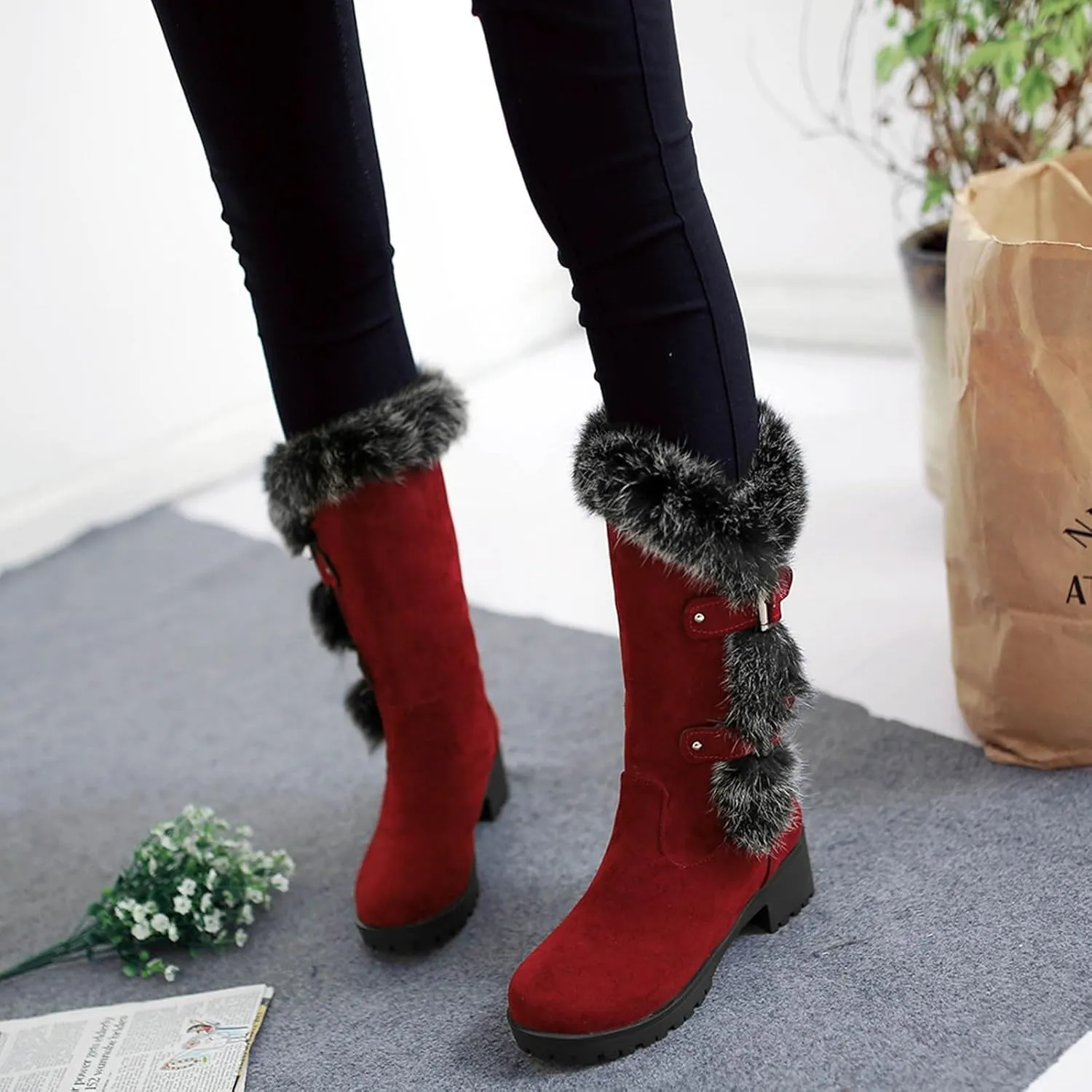 Women's Autumn and Winter Fashion Suede Warm Furry Boots Belt Buckle Thick Soled Mid Calf Large Calf Boots for Women